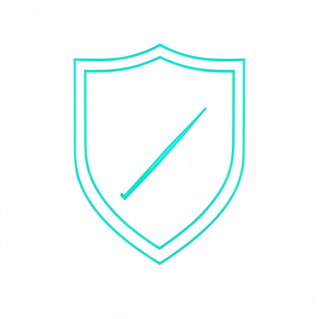 Dibujo lineal de un escudo con una marca de verificación, en trazo turquesa fino sobre fondo blanco.