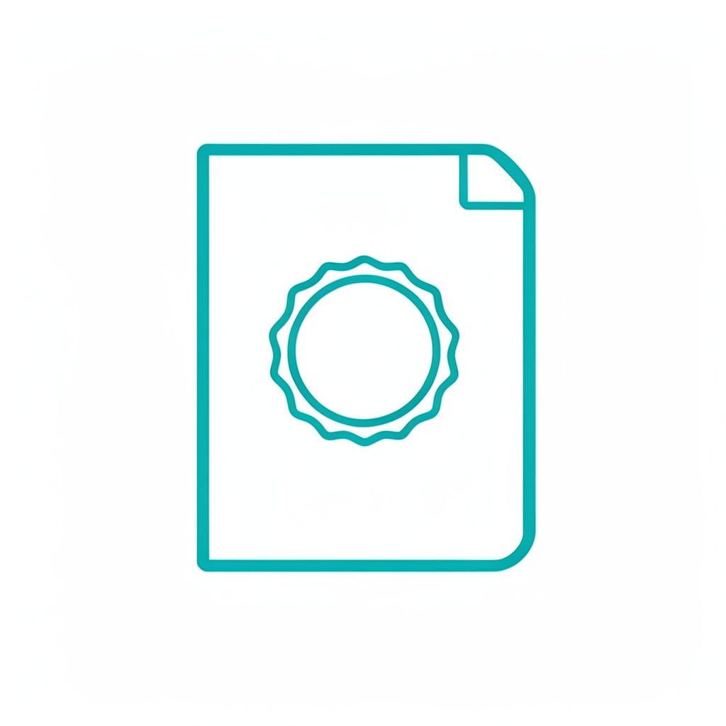 Icono de un documento con un sello, trazo sencillo en color teal sobre fondo blanco.