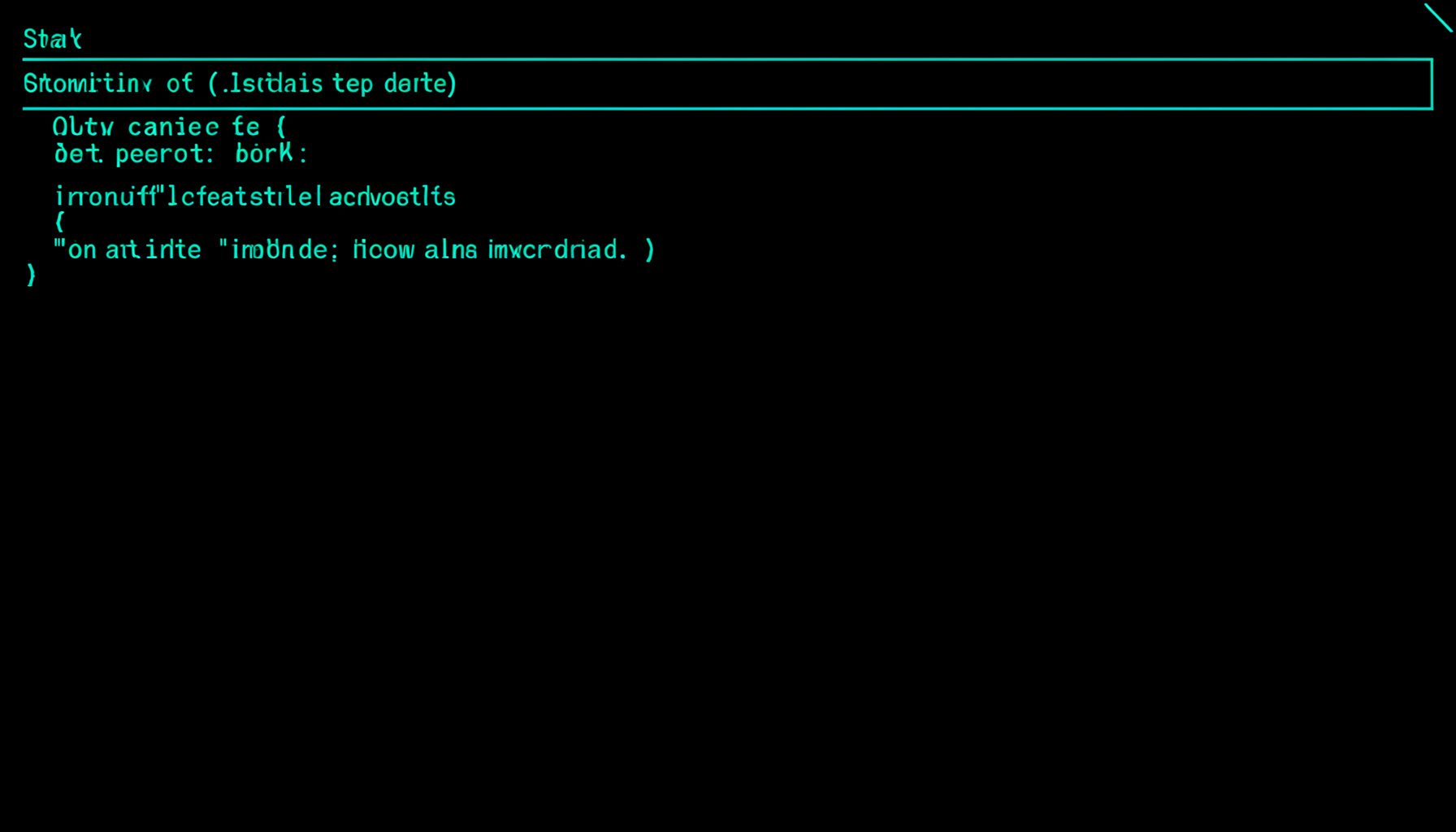 Interfaz de consola simulada con texto verde sobre fondo negro, estilo terminal técnica.