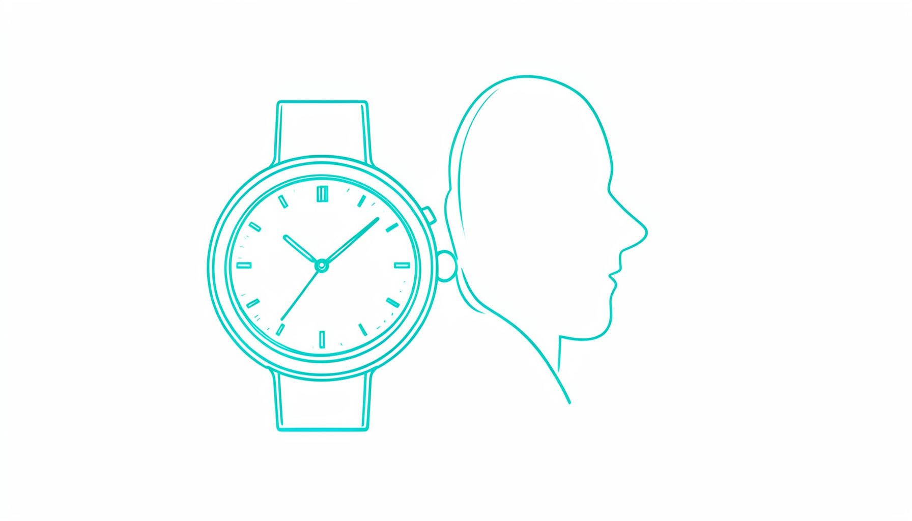 Reloj estilizado junto a un perfil, trazo fino en color teal sobre fondo blanco.